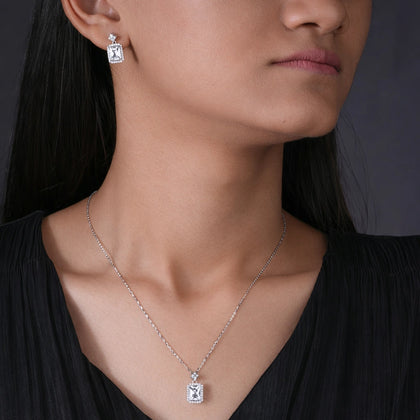 Square Design Cushion Cut Diamond CZ 925 Sterling Silver Pendant Set for Women