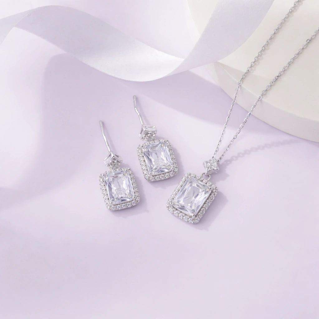 Square Design Cushion Cut Diamond CZ 925 Sterling Silver Pendant Set for Women