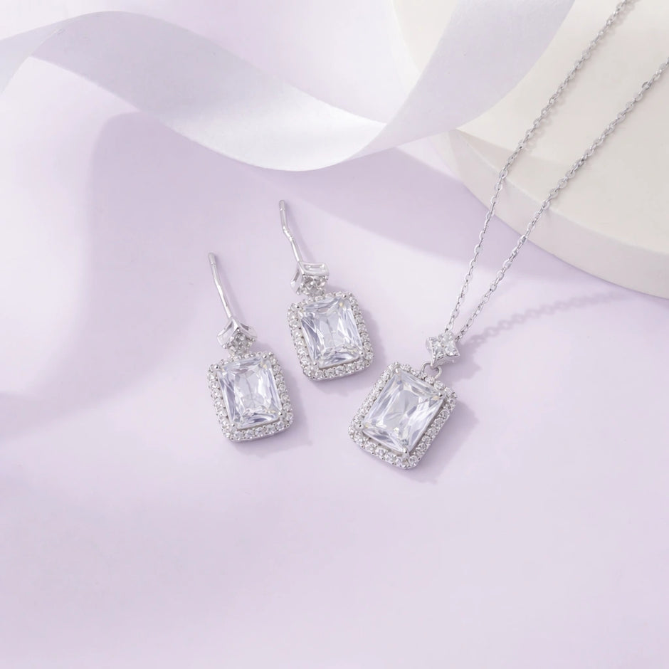 Square Design Cushion Cut Diamond CZ 925 Sterling Silver Pendant Set for Women