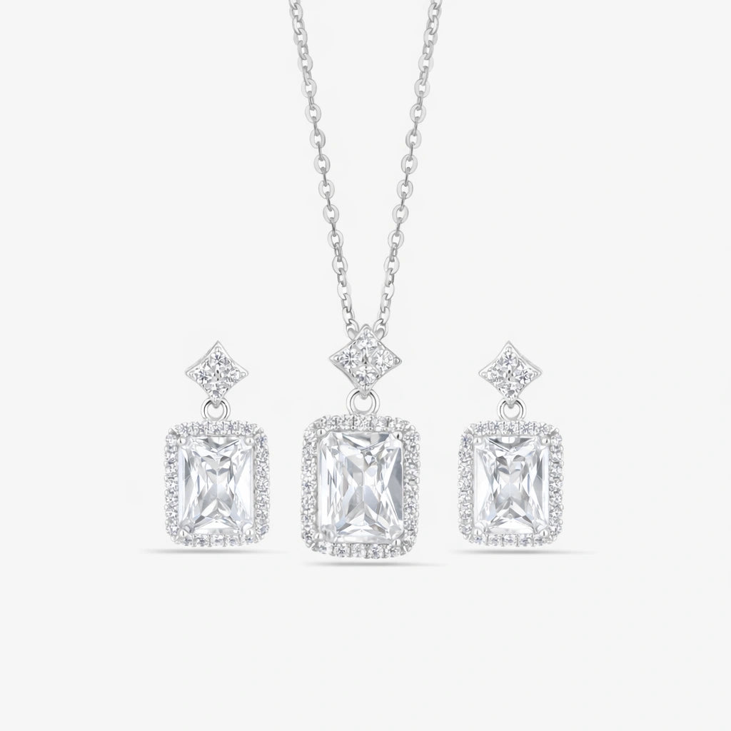 Square Design Cushion Cut Diamond CZ 925 Sterling Silver Pendant Set for Women