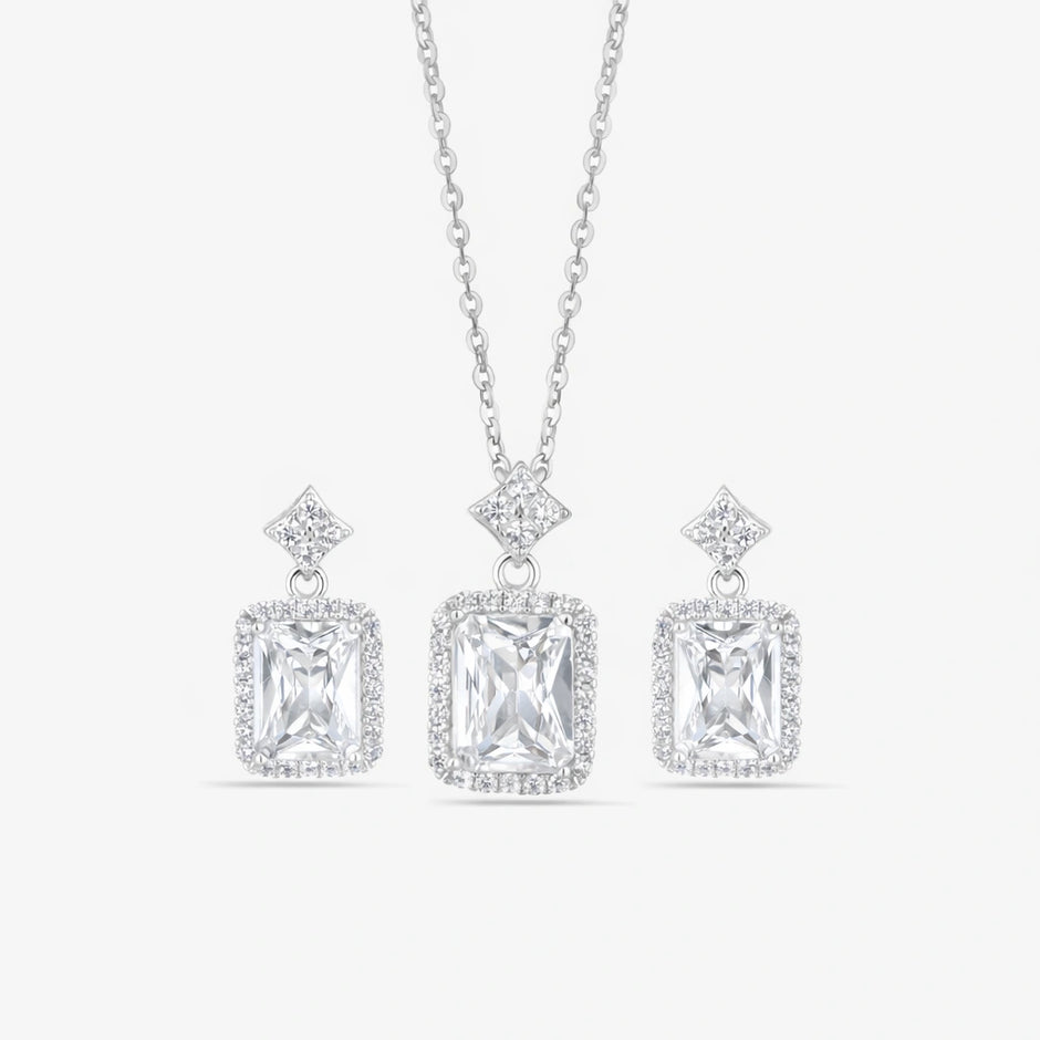 Square Design Cushion Cut Diamond CZ 925 Sterling Silver Pendant Set for Women
