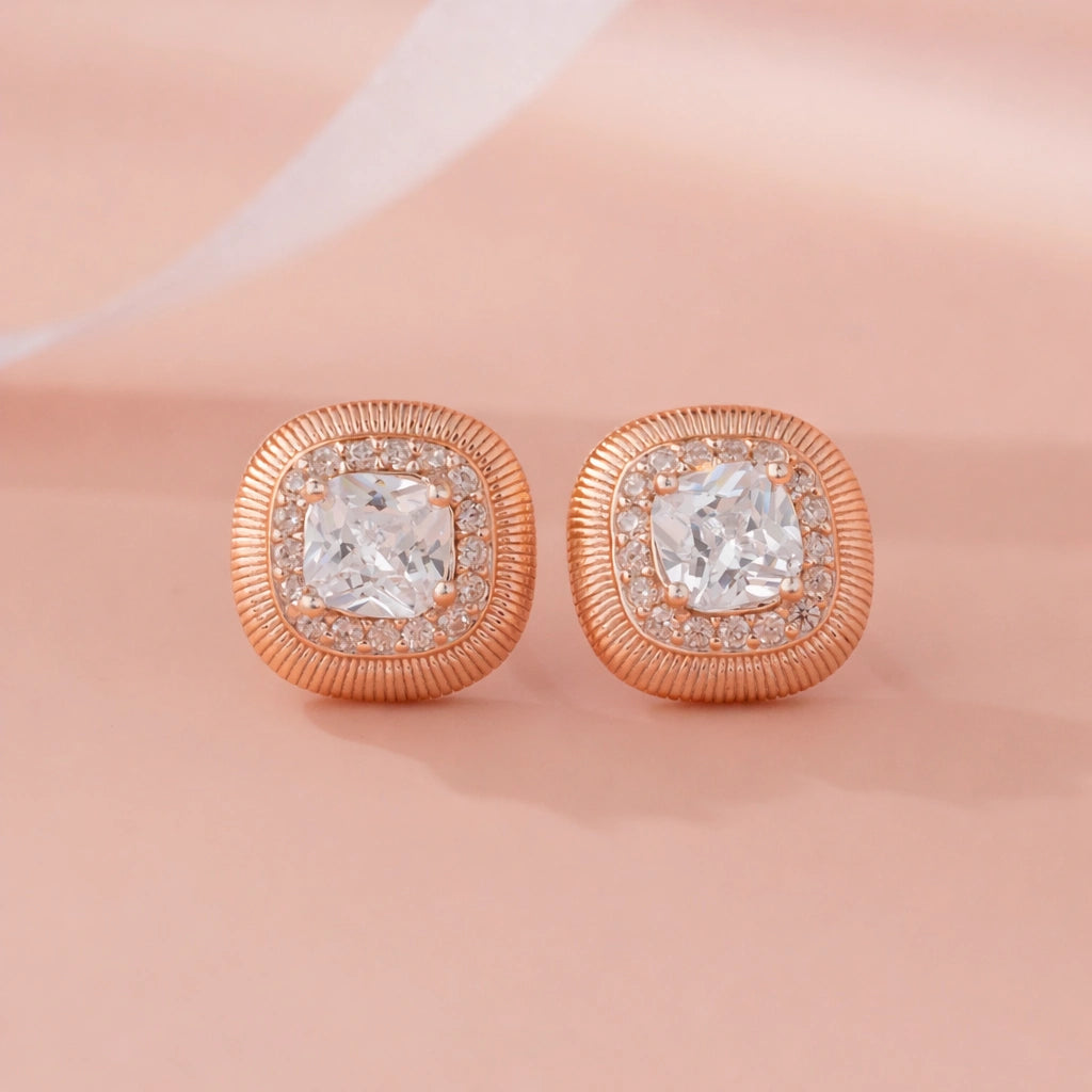 Square Diamond Rose Gold Stud Earrings