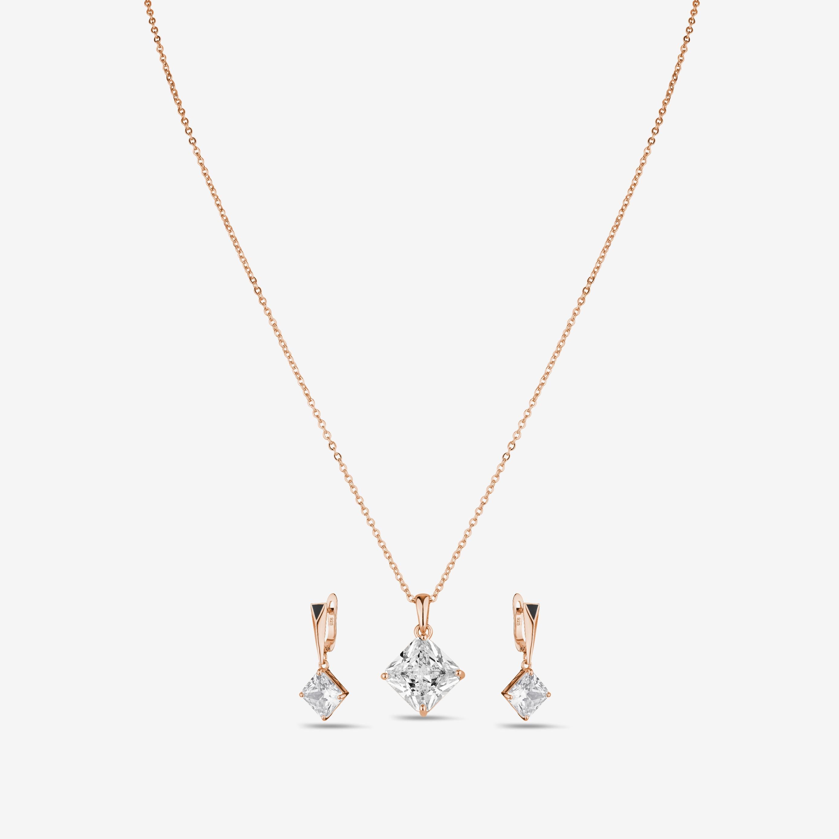 Square Drop 925 Sterling Silver Rose Gold Pendant Set for Women
