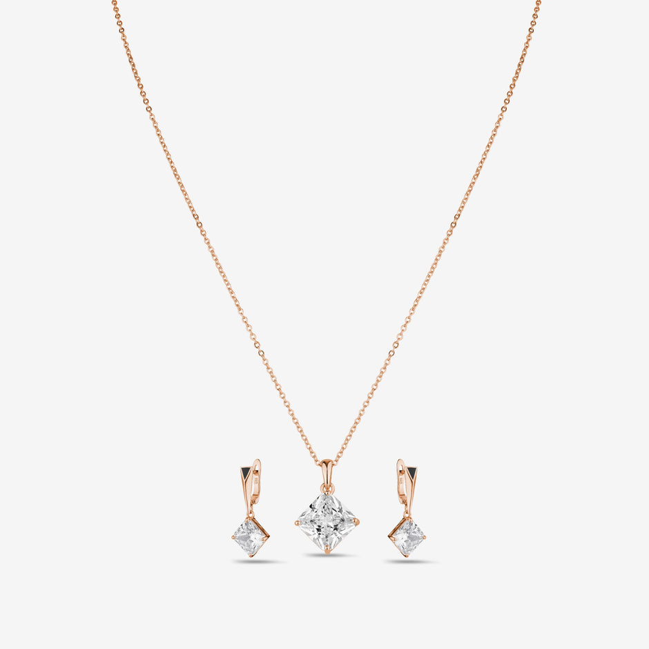 Square Drop 925 Sterling Silver Rose Gold Pendant Set for Women