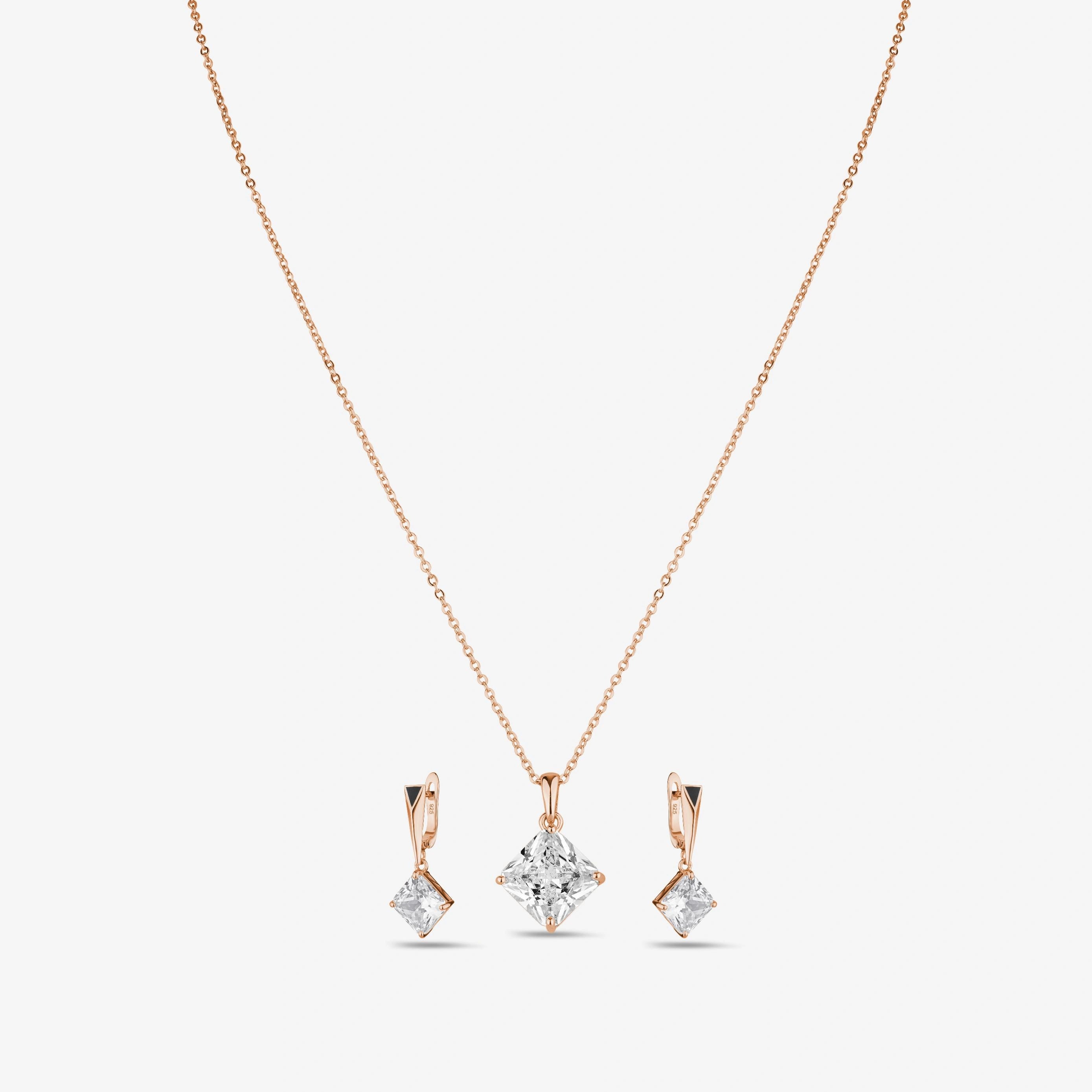 Square Drop 925 Sterling Silver Rose Gold Pendant Set for Women