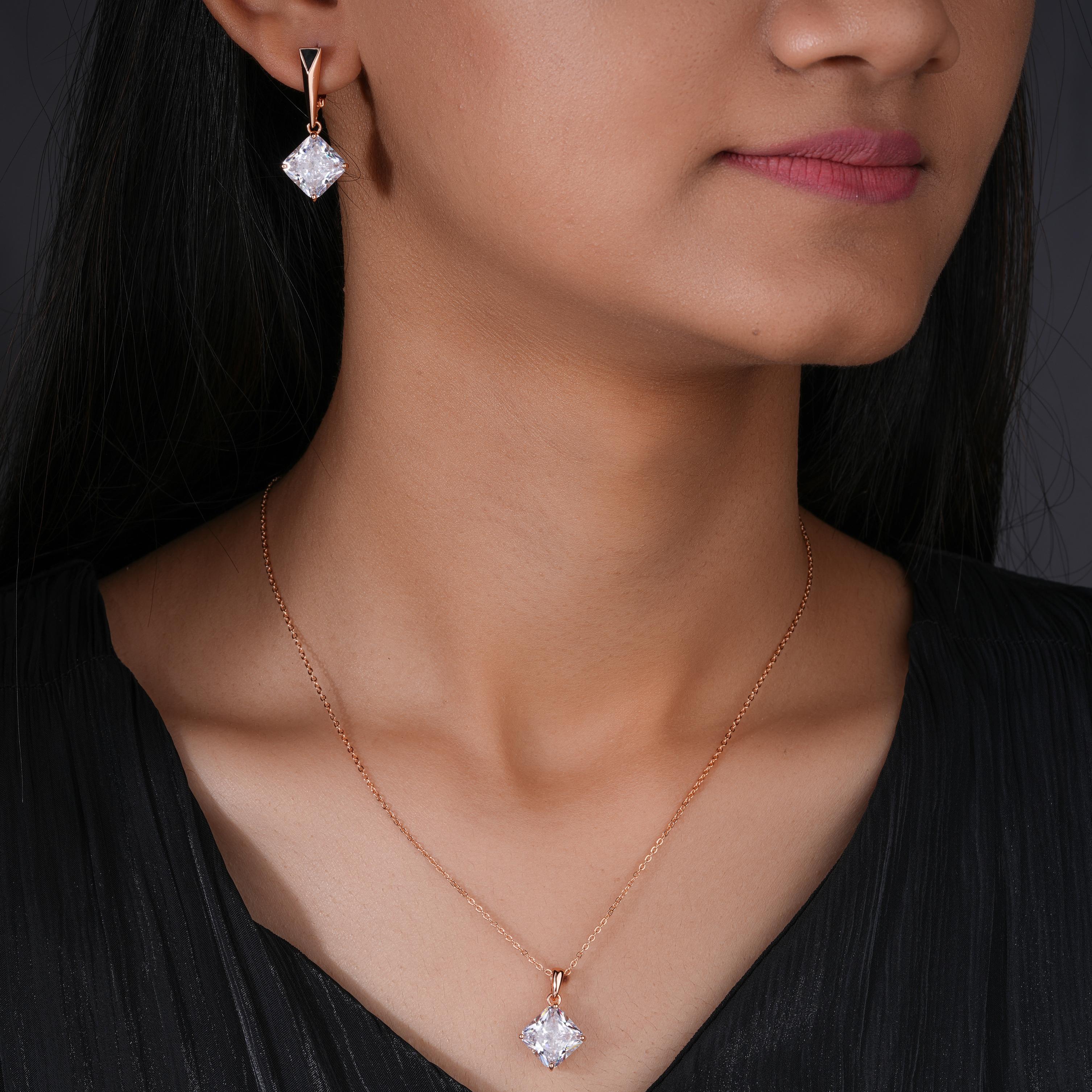 Square Drop 925 Sterling Silver Rose Gold Pendant Set for Women
