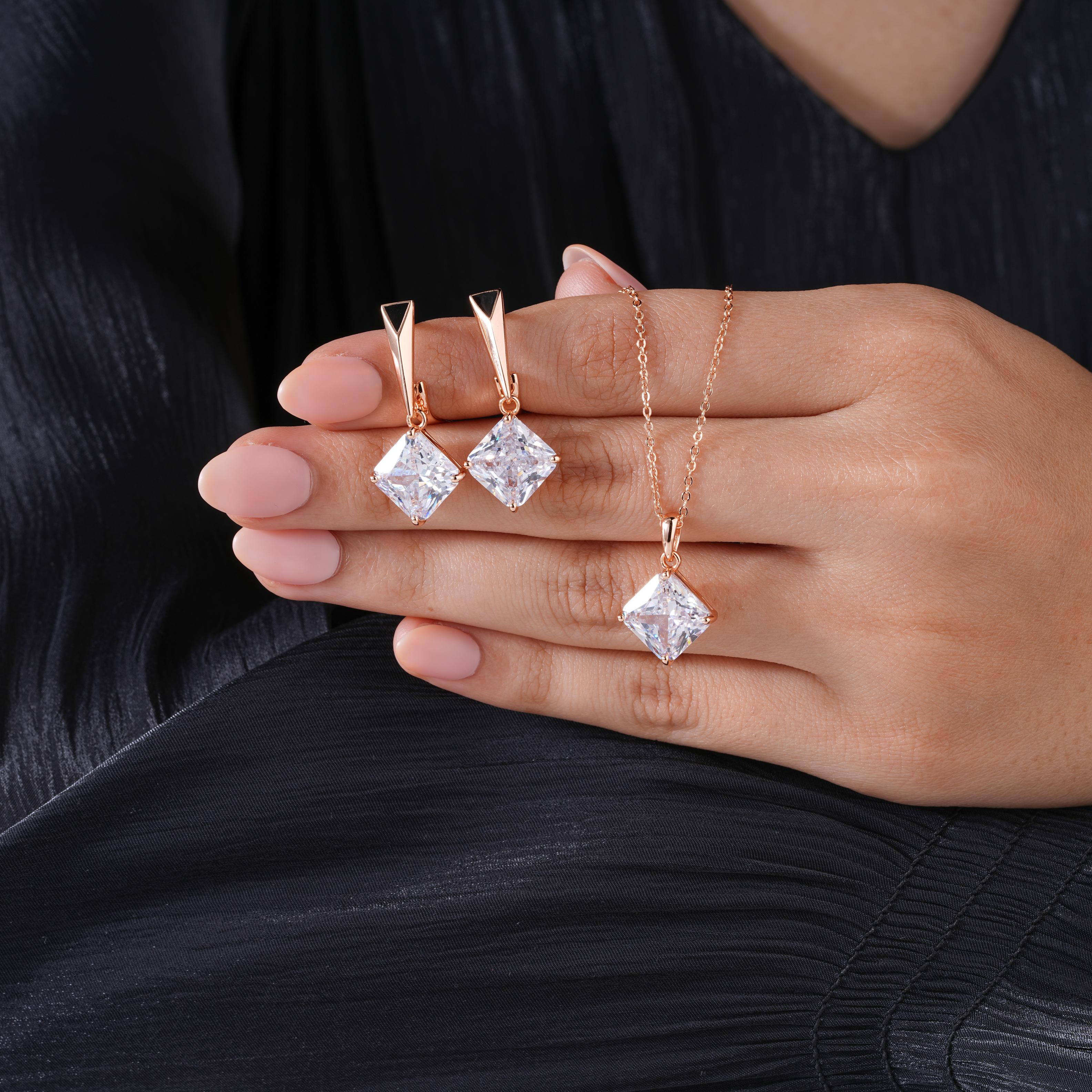 Square Drop 925 Sterling Silver Rose Gold Pendant Set for Women