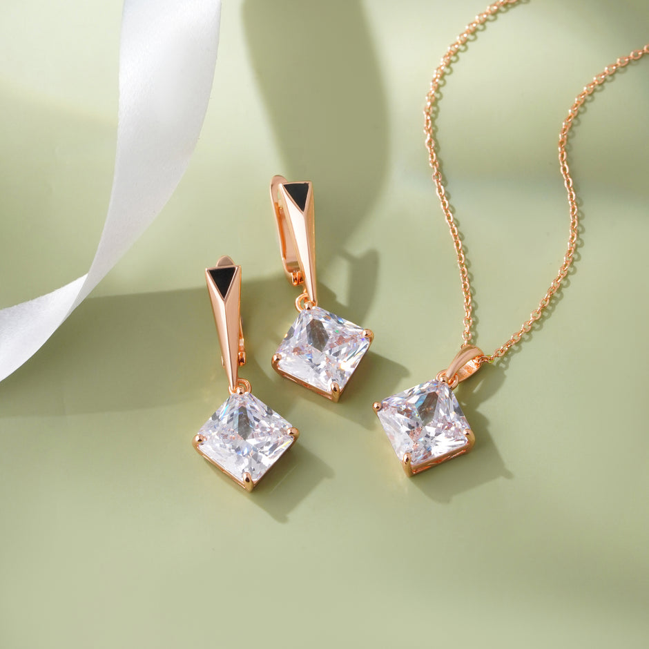 Square Drop 925 Sterling Silver Rose Gold Pendant Set for Women