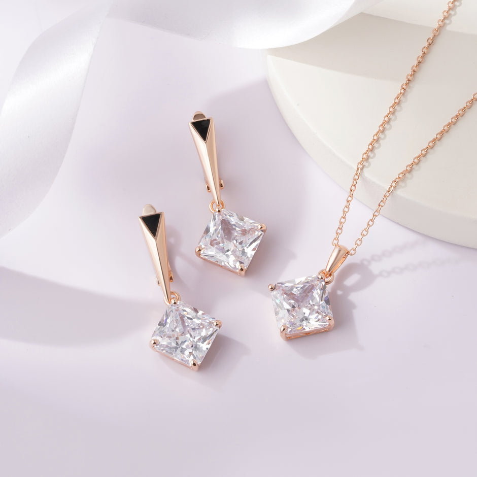 Square Drop 925 Sterling Silver Rose Gold Pendant Set for Women