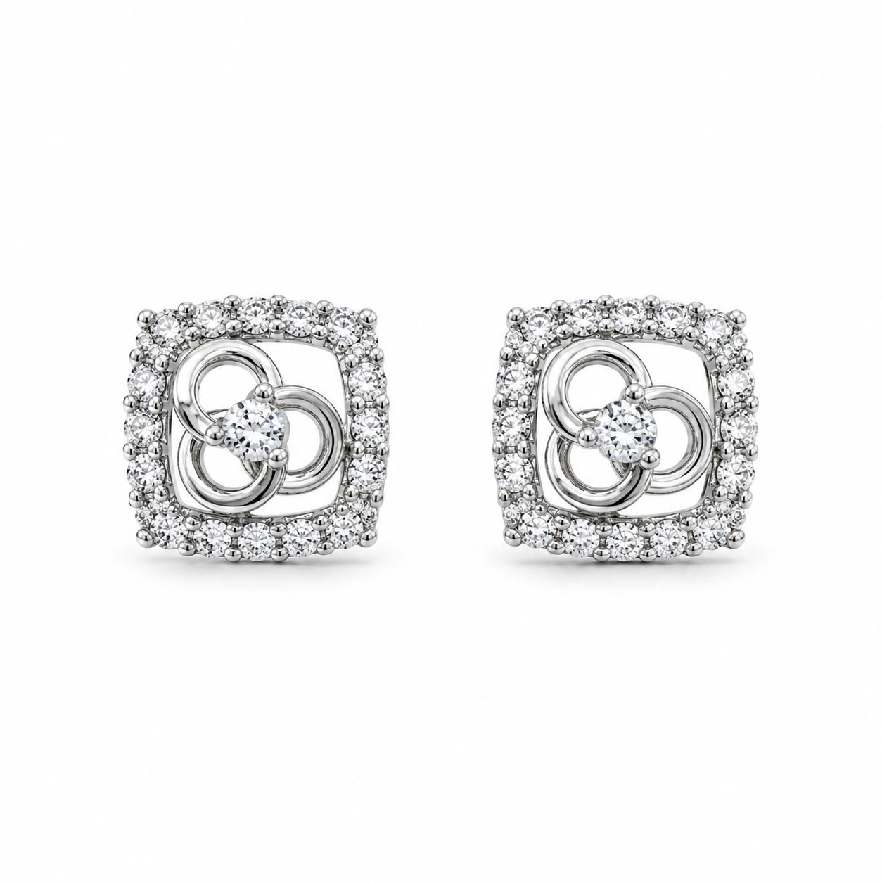 Square Floral Diamond 925 Sterling Silver Stud Earrings for Women
