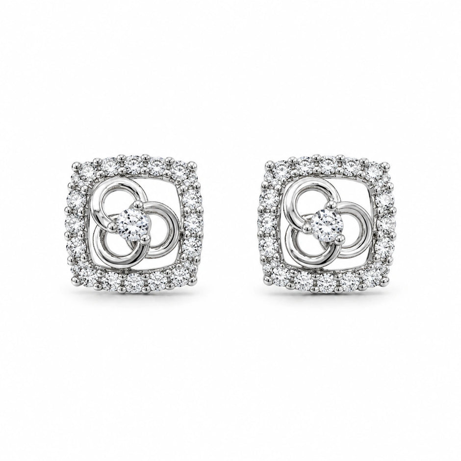 Square Floral Diamond 925 Sterling Silver Stud Earrings for Women