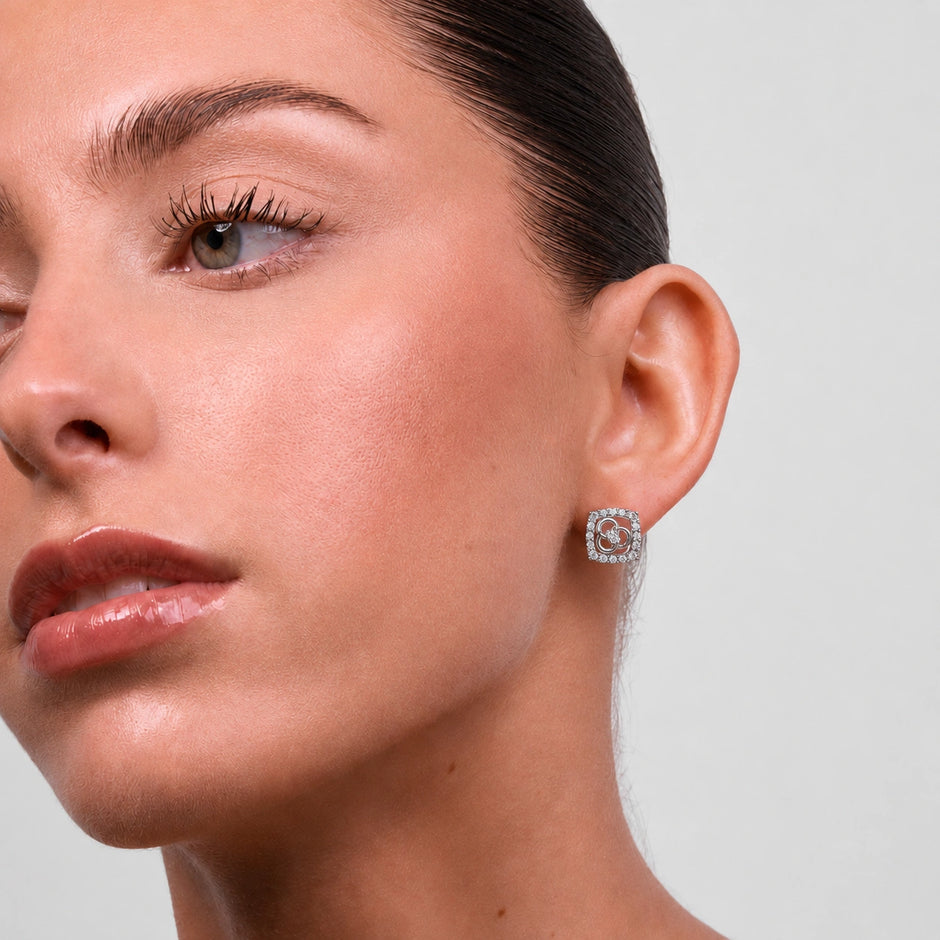 Square Floral Diamond 925 Sterling Silver Stud Earrings for Women