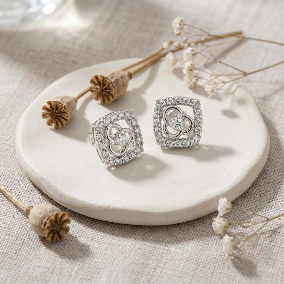 Square Floral Diamond 925 Sterling Silver Stud Earrings for Women