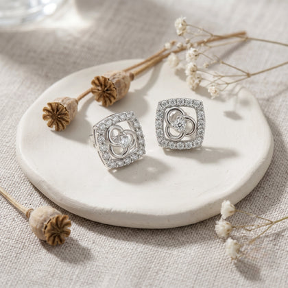 Square Floral Diamond 925 Sterling Silver Stud Earrings for Women