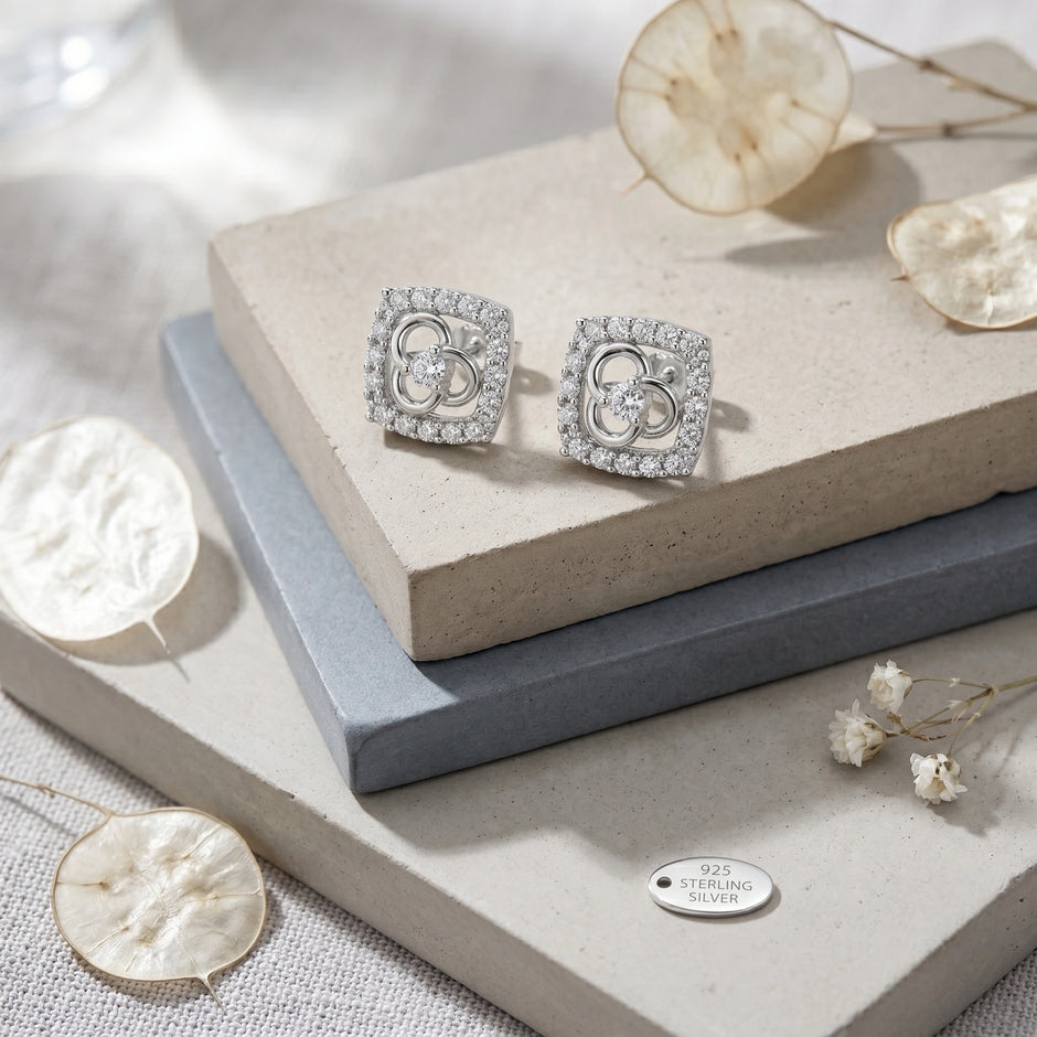 Square Floral Diamond 925 Sterling Silver Stud Earrings for Women