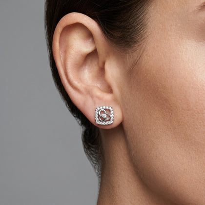 925 Sterling Silver Floral Halo Square Stud Earrings with Cubic Zirconia for Women