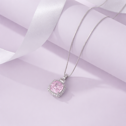 Square Shape Pink Stone 925 Silver Pendant Necklace for Women