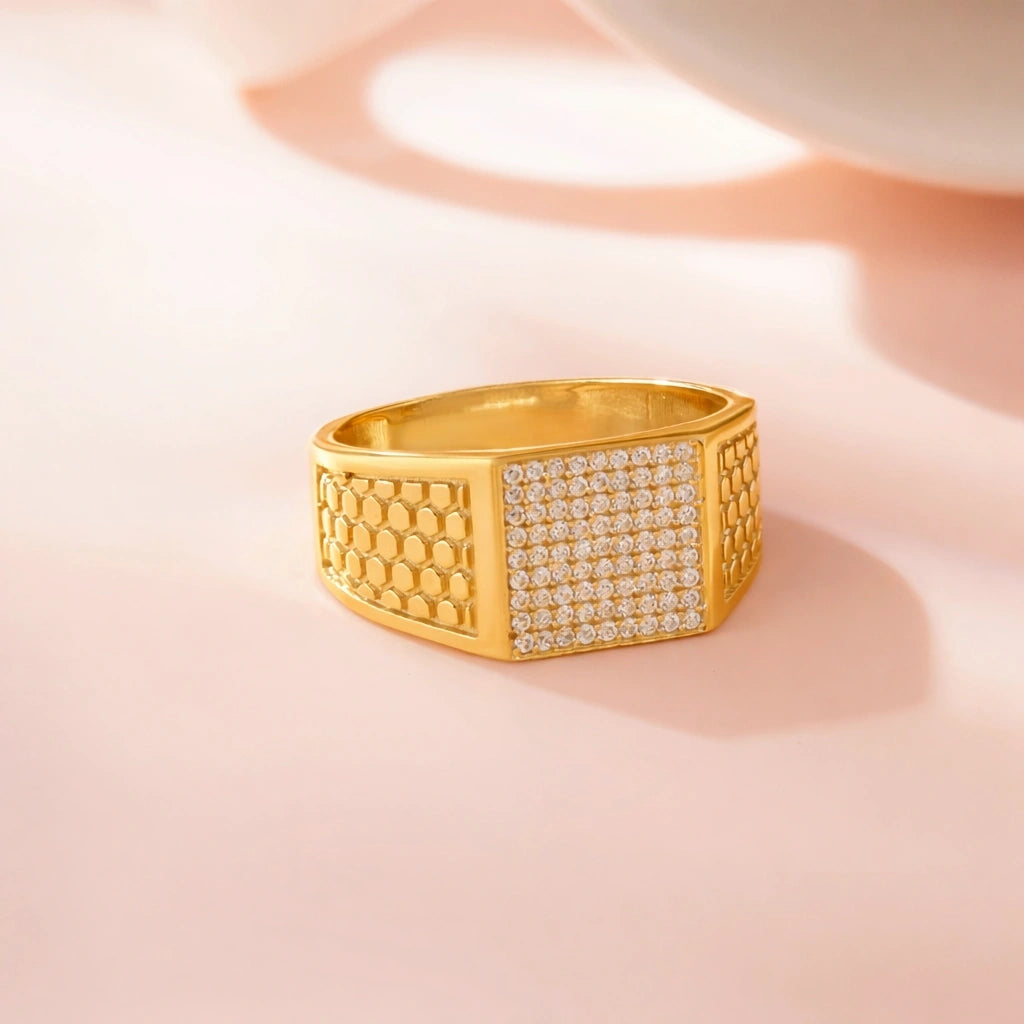 Square CZ Diamond Texture 925 Sterling Silver Gold Ring for Men