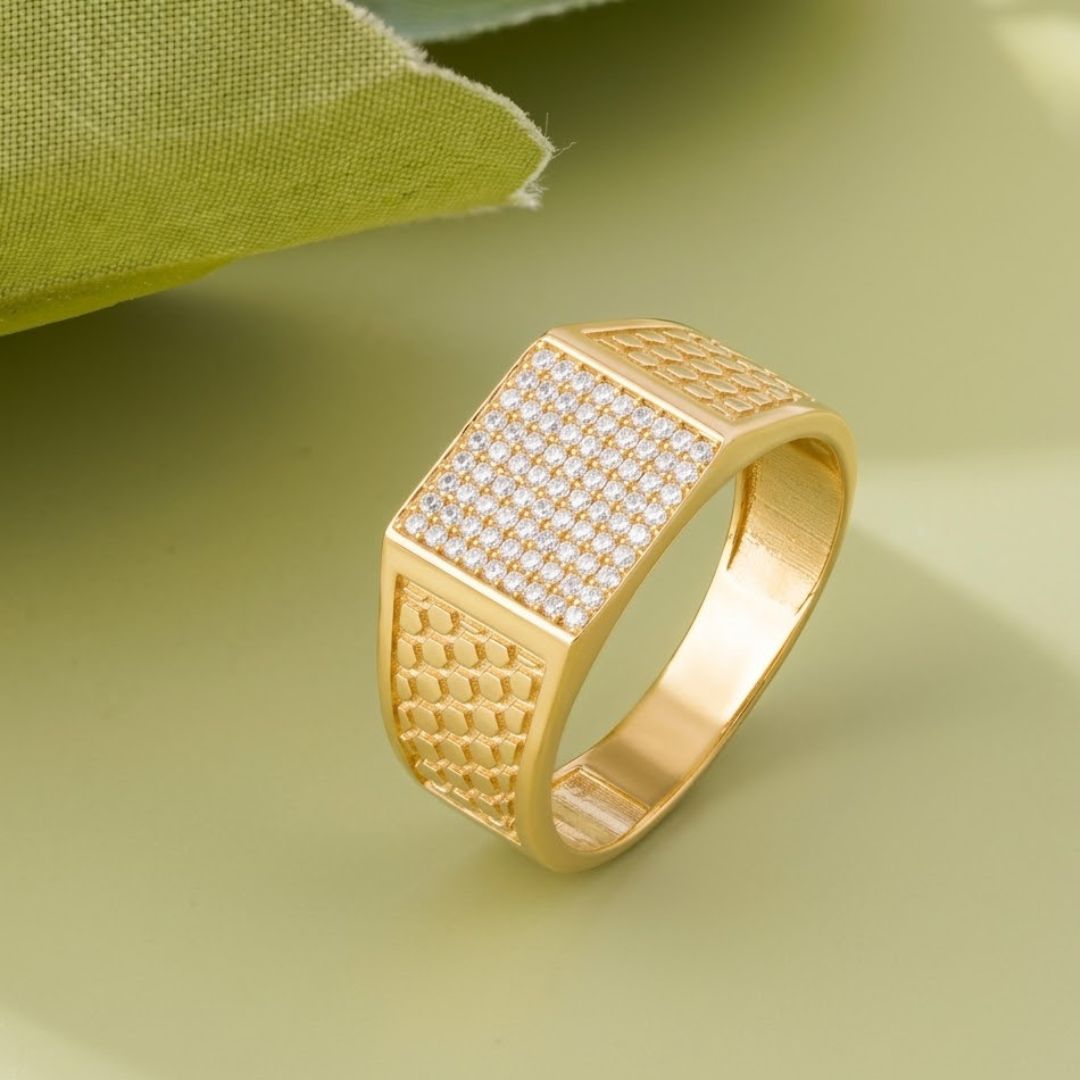Square CZ Diamond Texture – 925 Sterling Silver Gold Ring for Men