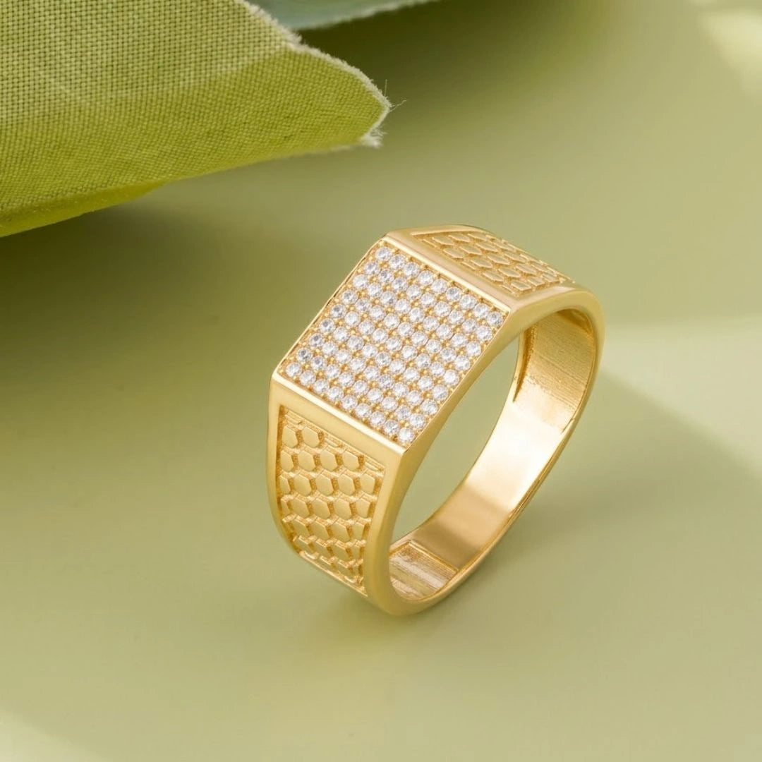 Square CZ Diamond Texture 925 Sterling Silver Gold Ring for Men