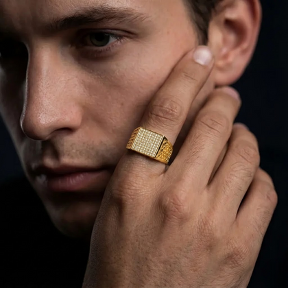 Bold Luxe Diamond CZ Gold Plated 925 Sterling Silver Ring for Men | Honeycomb Geometric Statement Ring with Pave CZ Stones | Premium Designer Jewellery for Him