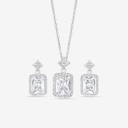 Square Design Cushion Cut Diamond CZ 925 Sterling Silver Pendant Set for Women