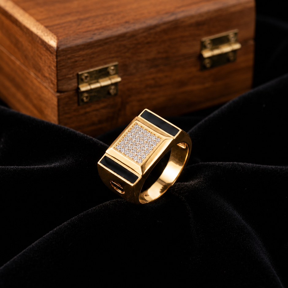Men's Yellow Gold Finish Square CZ Diamond Ring in 925 Sterling Silver