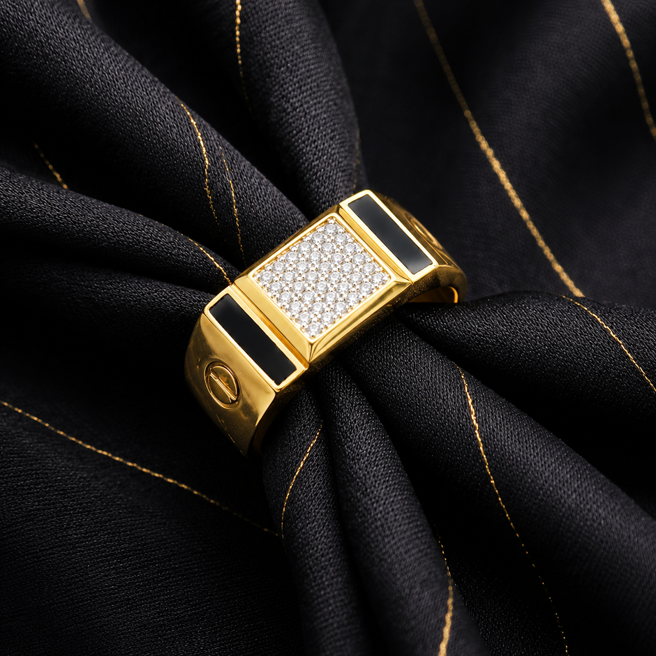 Men's Yellow Gold Finish Square CZ Diamond Ring in 925 Sterling Silver