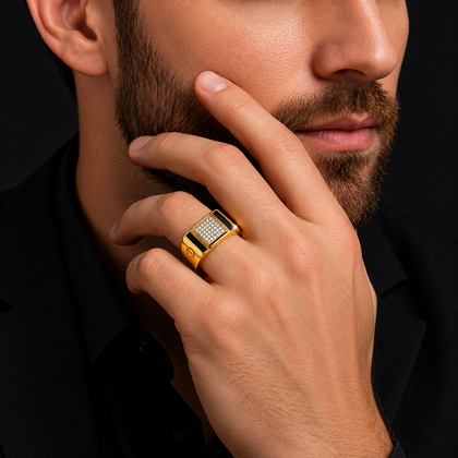 Men's Yellow Gold Finish Square CZ Diamond Ring in 925 Sterling Silver