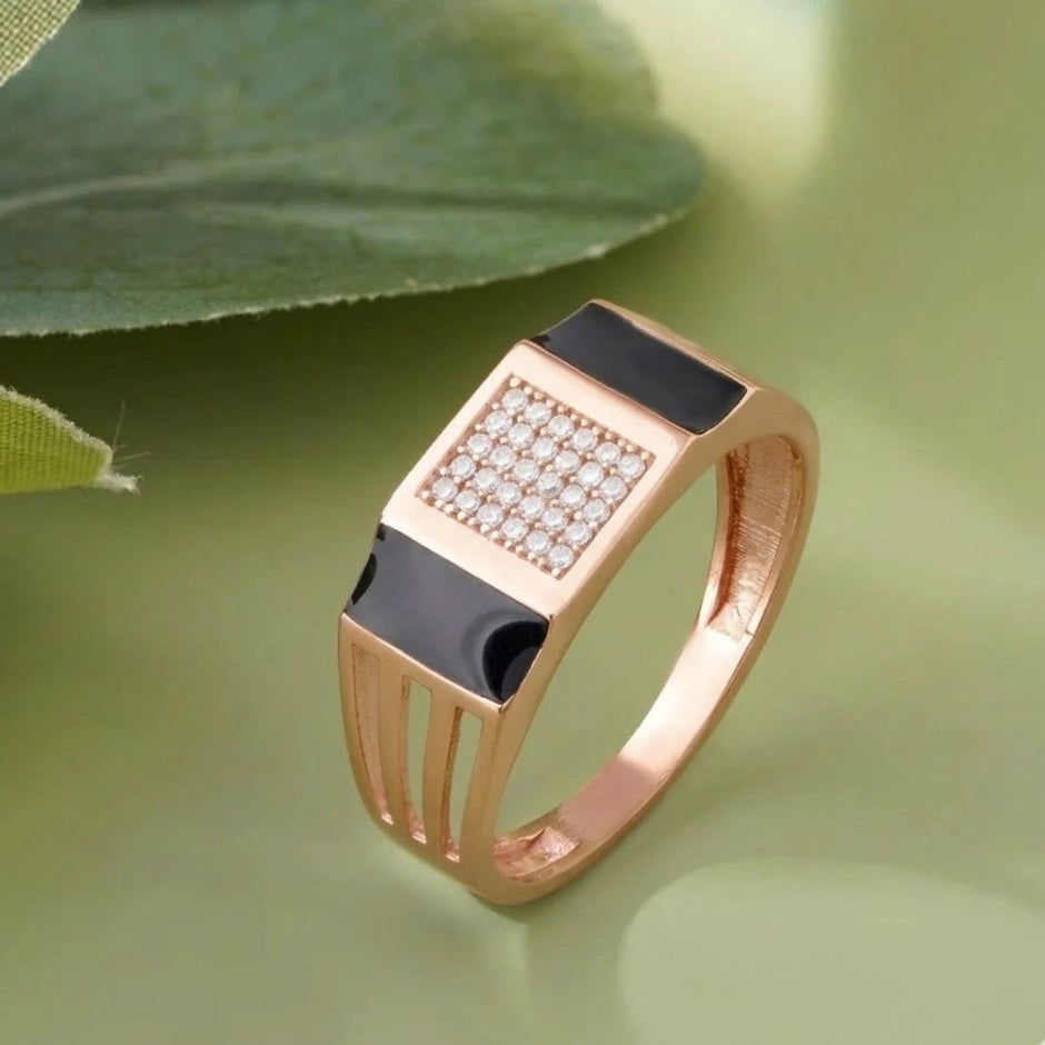 Bold Luxe Black Diamond CZ Rose Gold Plated 925 Sterling Silver Ring for Men