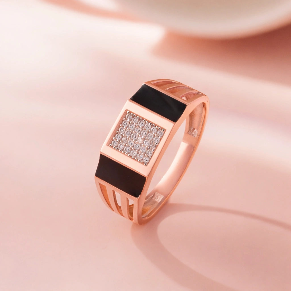 Bold Luxe Black Diamond CZ Rose Gold Plated 925 Sterling Silver Ring for Men