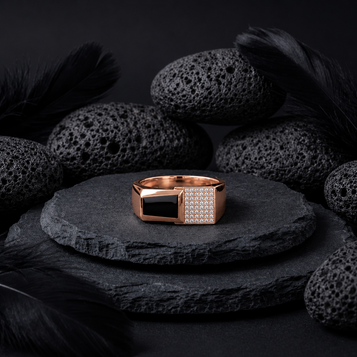 Men's Rose Gold Black Onyx Ring with CZ Diamonds in 925 Sterling Silver