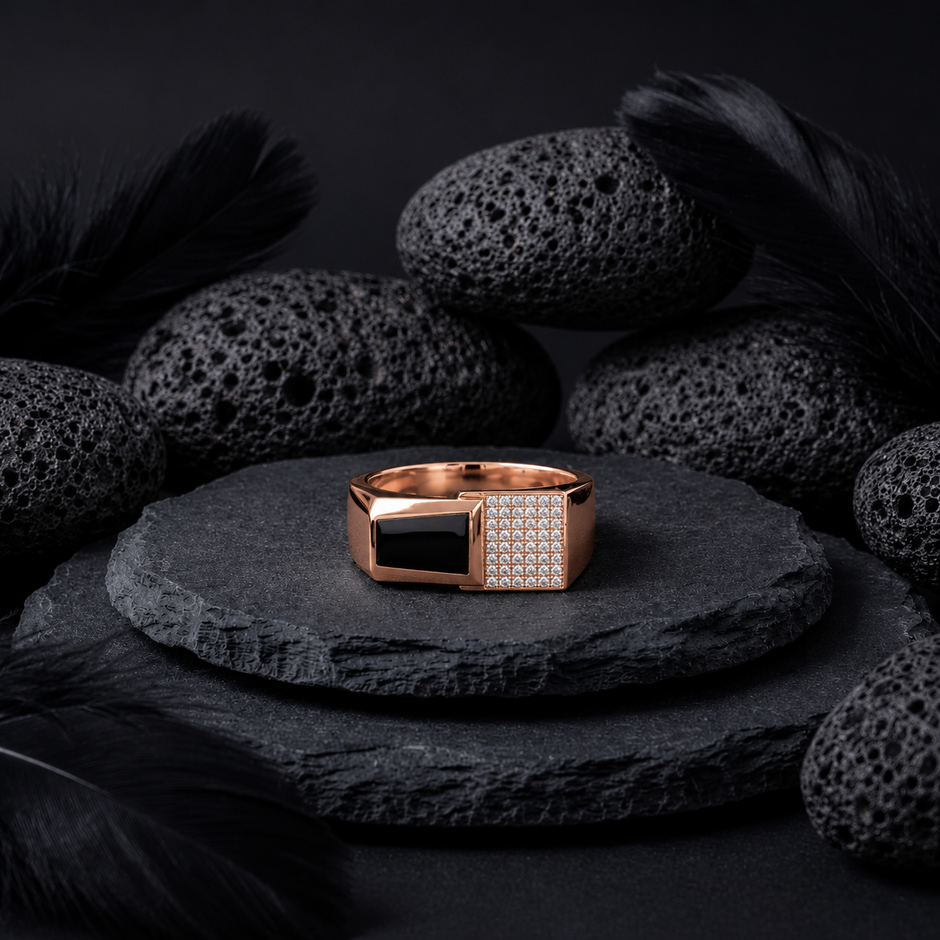 Men's Rose Gold Black Onyx Ring with CZ Diamonds in 925 Sterling Silver