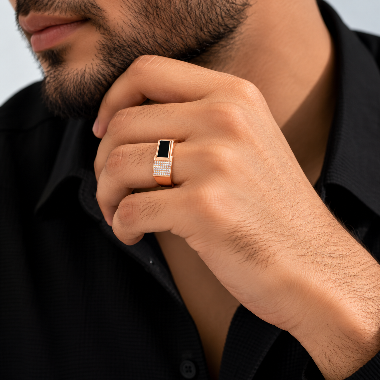 Men's Rose Gold Black Onyx Ring with CZ Diamonds in 925 Sterling Silver