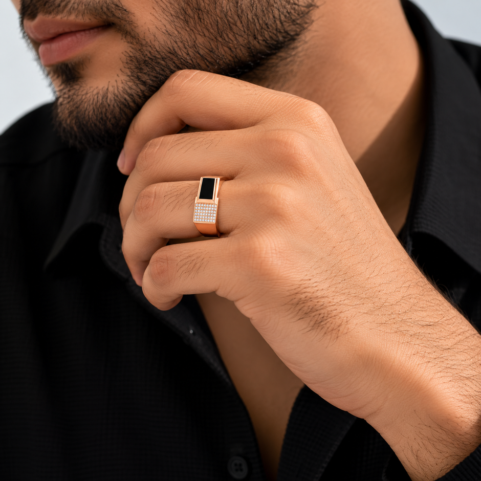 Men's Rose Gold Black Onyx Ring with CZ Diamonds in 925 Sterling Silver