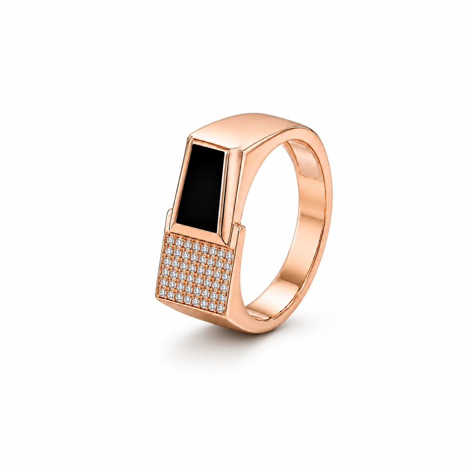 Men's Rose Gold Black Onyx Ring with CZ Diamonds in 925 Sterling Silver