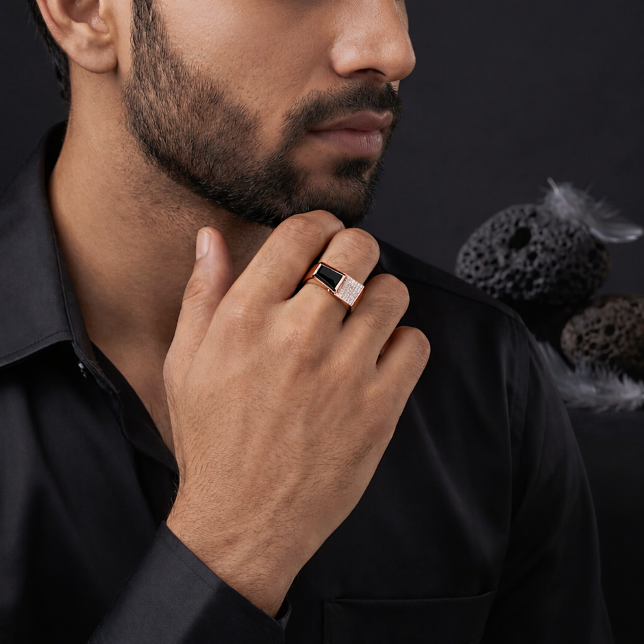 Square Diamond Statement 925 Sterling Silver Rose Gold Ring for Men