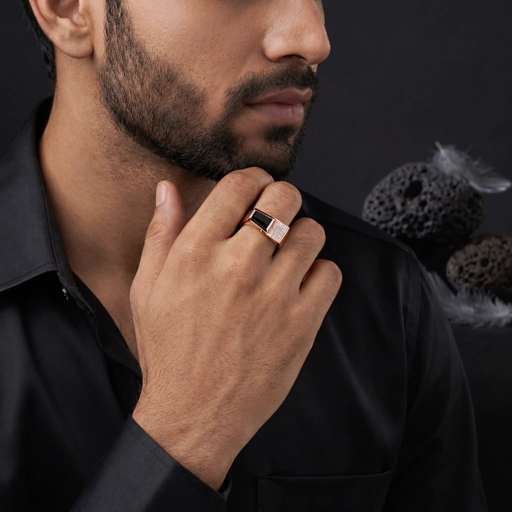 Rose Gold Black Onyx CZ 925 Sterling Silver Ring for Men