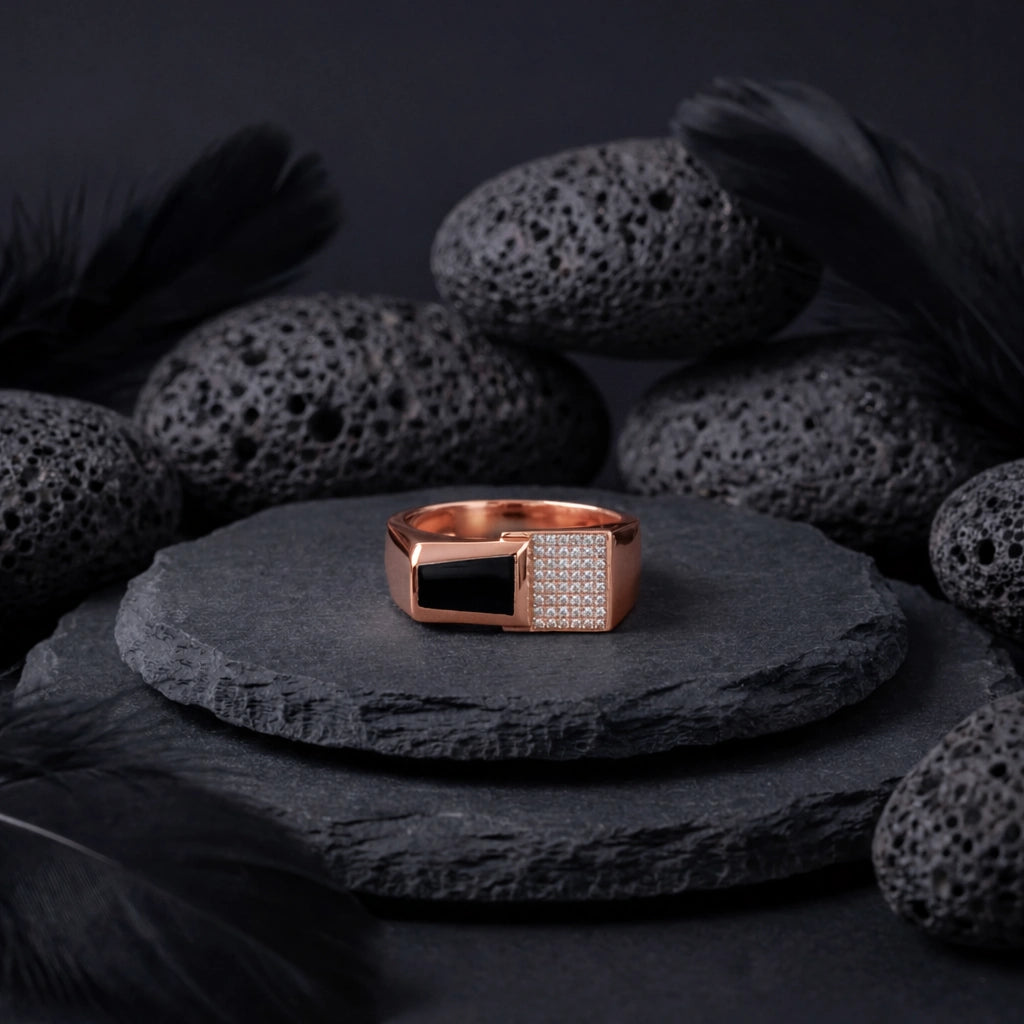 Rose Gold Black Onyx CZ 925 Sterling Silver Ring for Men