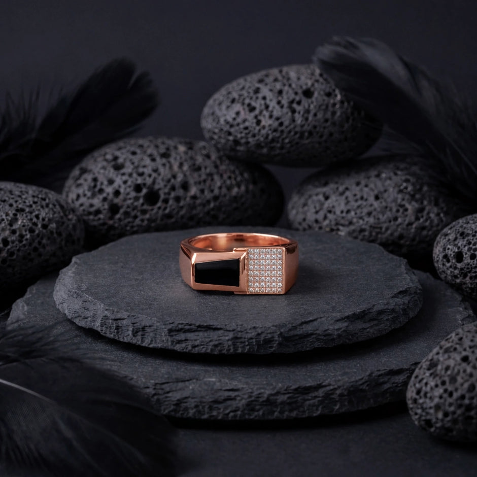 Rose Gold Black Onyx CZ 925 Sterling Silver Ring for Men