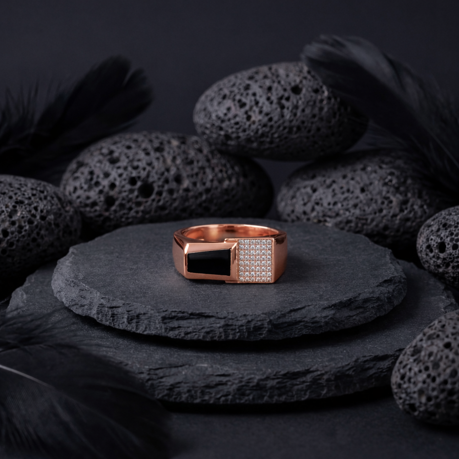 Square Diamond Statement 925 Sterling Silver Rose Gold Ring for Men