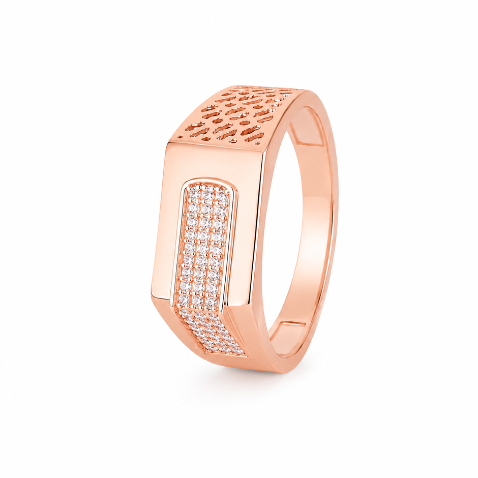 Men's Rose Gold Finish Rectangular CZ Diamond Ring in 925 Sterling Silver