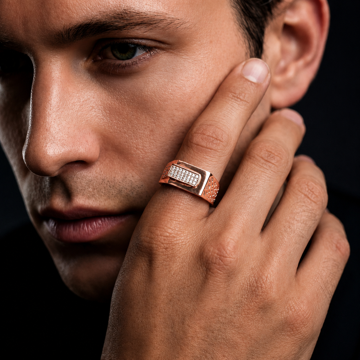 Men's Rose Gold Finish Rectangular CZ Diamond Ring in 925 Sterling Silver