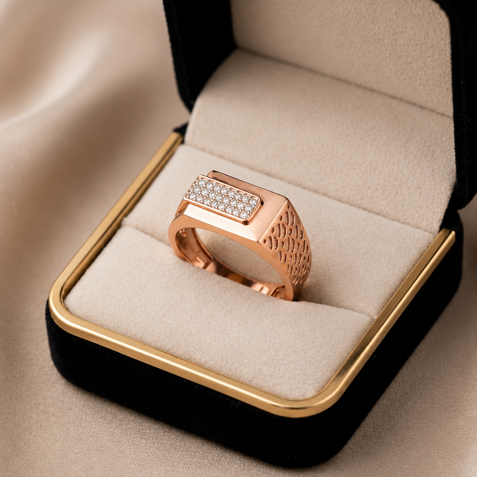 Men's Rose Gold Finish Rectangular CZ Diamond Ring in 925 Sterling Silver