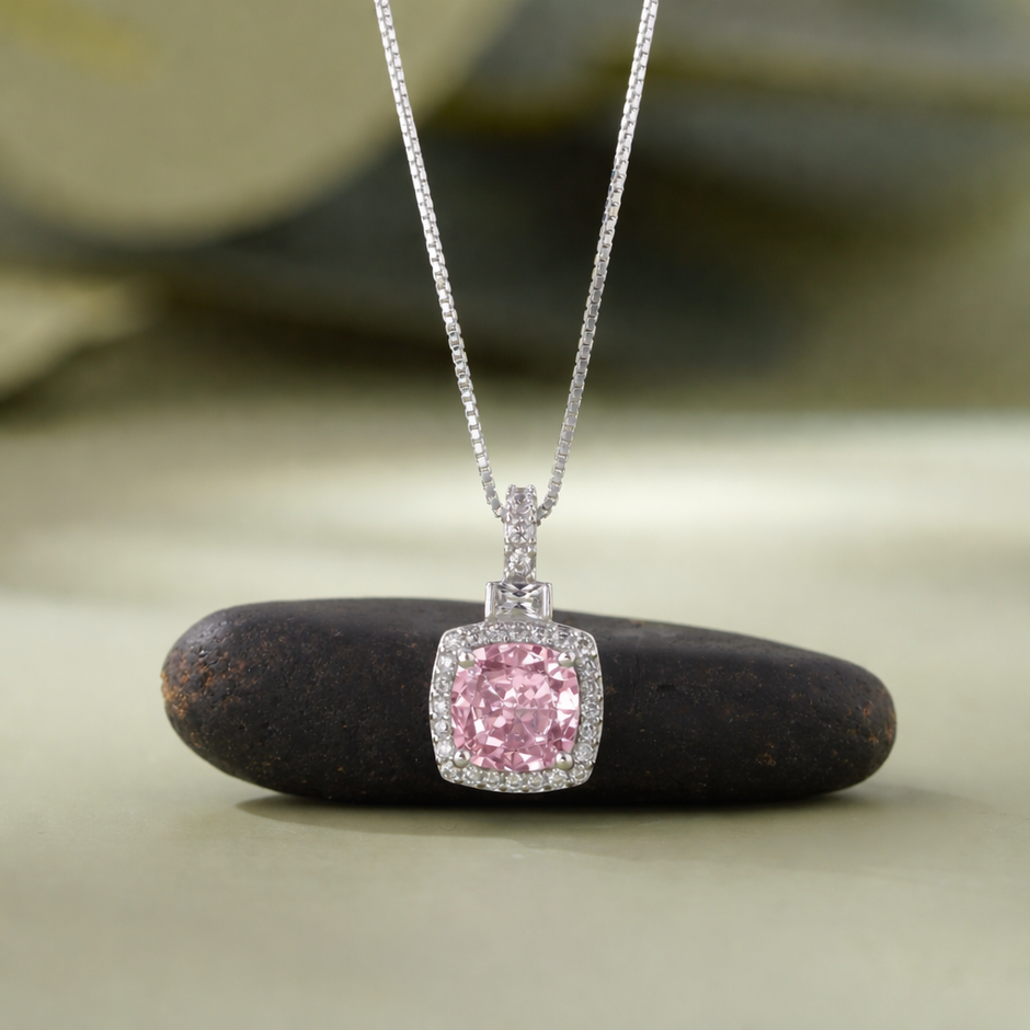 Square Shape Pink Stone 925 Silver Pendant Necklace for Women