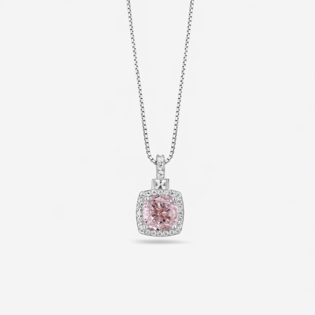 Square Shape Pink Stone 925 Silver Pendant Necklace for Women