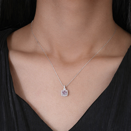Square Shape Pink Stone 925 Silver Pendant Necklace for Women