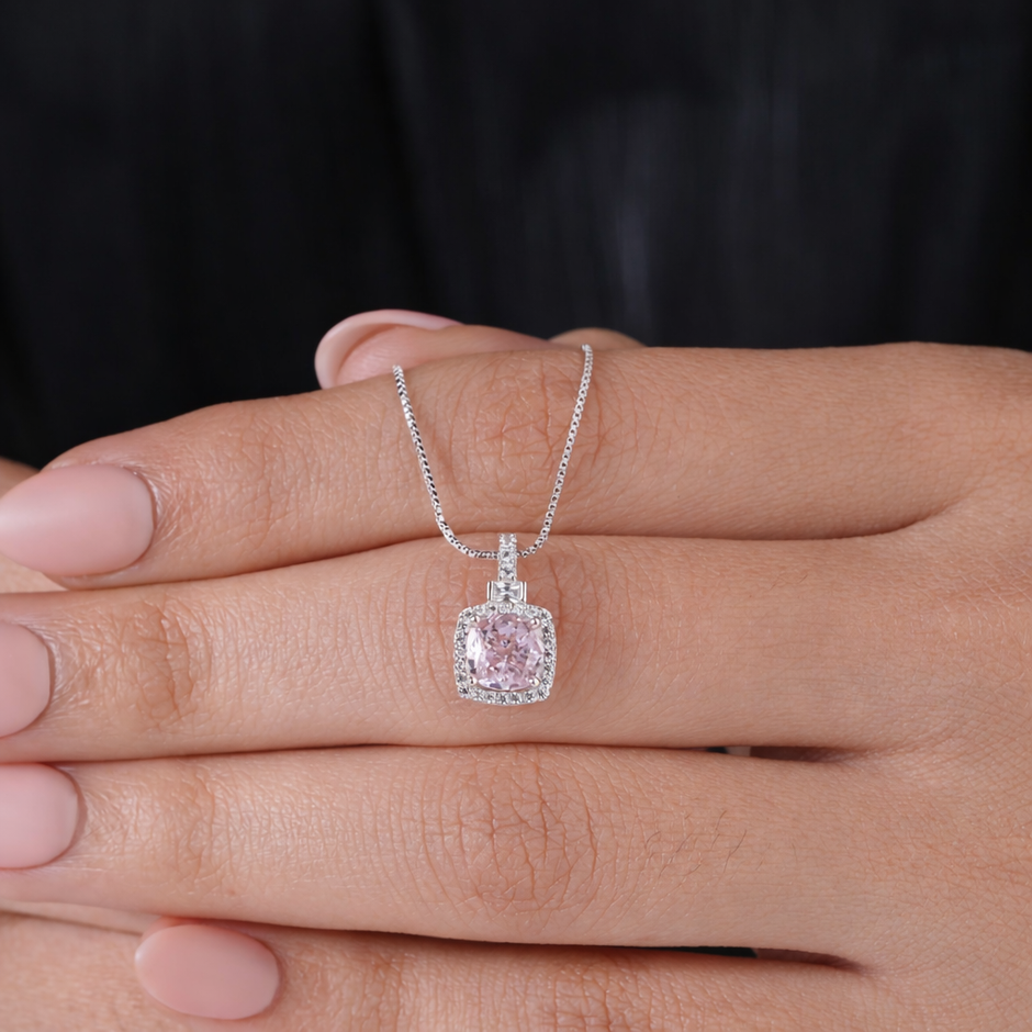 Square Shape Pink Stone 925 Silver Pendant Necklace for Women