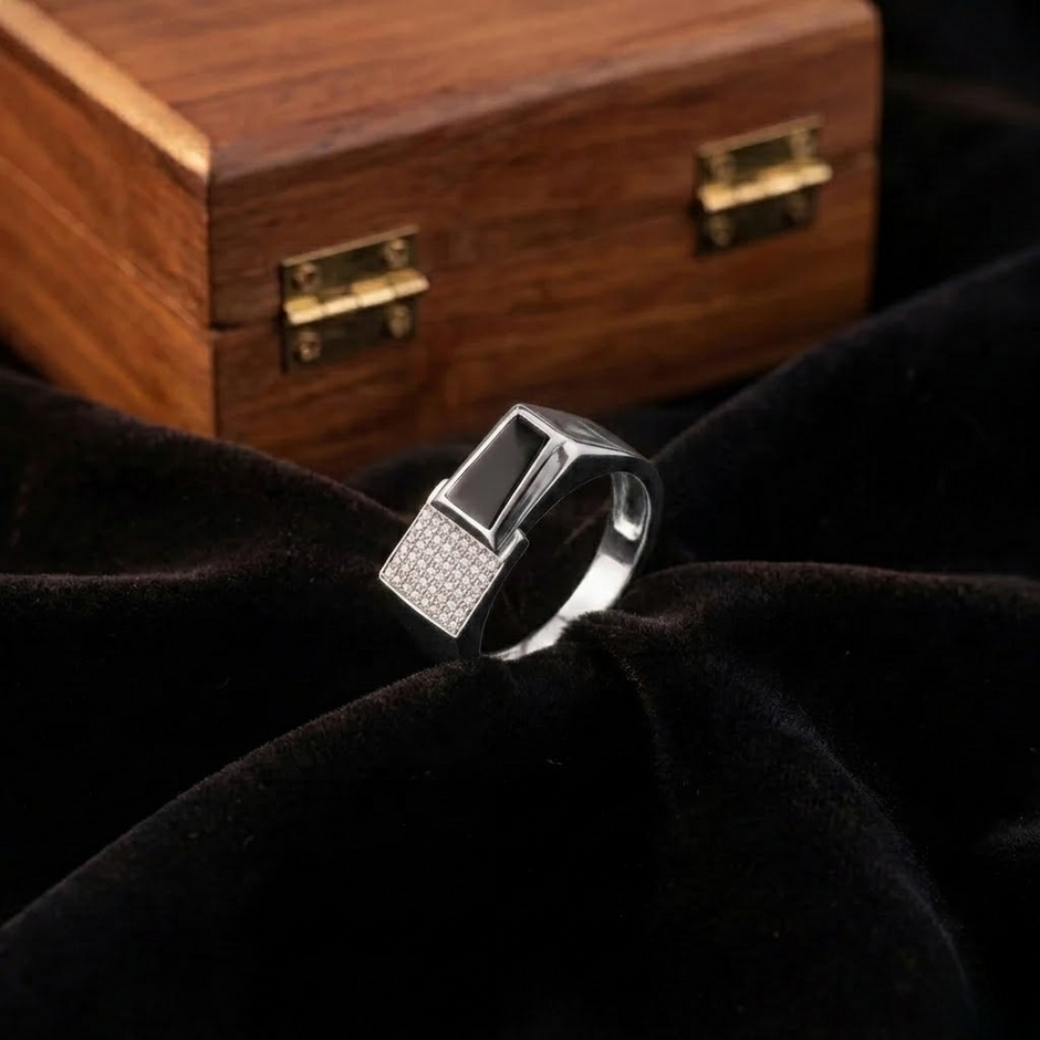 Silver Black Onyx CZ 925 Sterling Silver Ring for Men