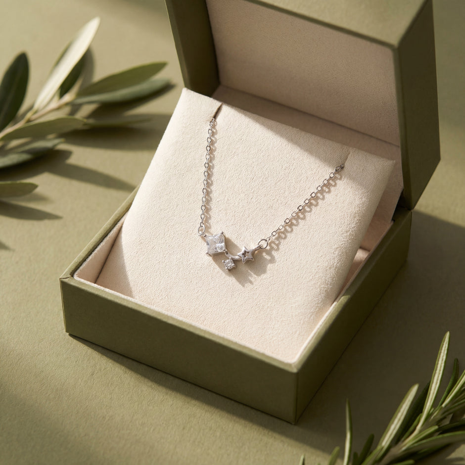 Star charm diamond 925 silver pendant chain